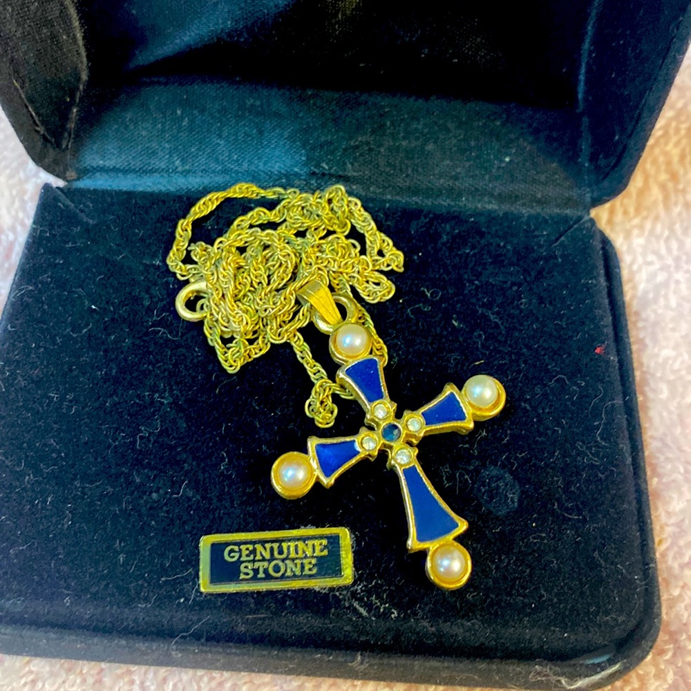 Genuine pearl and Blue sapphire Cross Pendant authentic w/9.5” gold chain 12k
